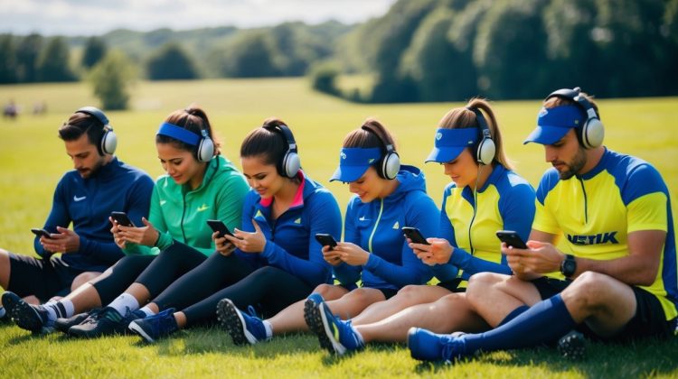 En gruppe mennesker iført sportstøj lytter til en række sports podcasts på deres telefoner mens de slapper af på en græsplæne